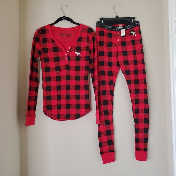 Victoria's Secret Pink Buffalo Plaid Waffle Knit Long John Pajama Set Red Sz S - Picture 1 of 11